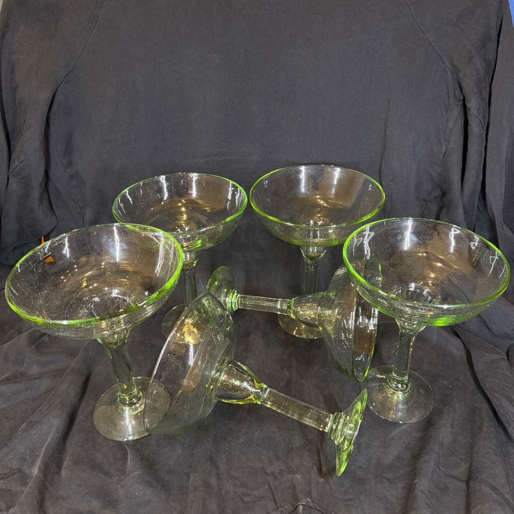 Vintage Boho Hand Blown Green Tint 7" Bubble Glass Margarita Glasses Set 6
